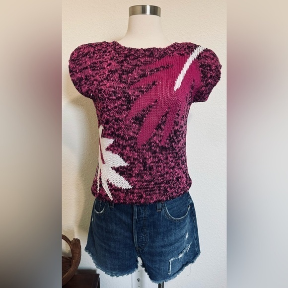 Vintage 80s Palm Leaf Knit Sweater Top Magenta Black Indie Sleaze small - Picture 1 of 6